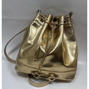 Moda Attiva Metallic Gold Bucket Bag Drawstring Crossbody Purse Minimalist Chic”